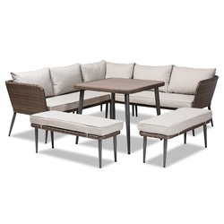 Baxton Studio Lillian Modern and Contemporary Light Grey Upholstered and Brown Finished 5-Piece Woven Rattan Outdoor Patio Set